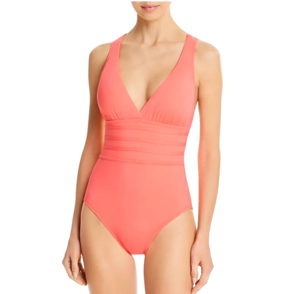 La Blanca Island Goddess Criss Cross Back Strap One Piece Swimsuit Orange 14 NWT